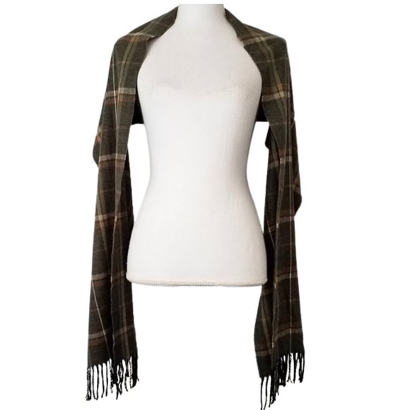 CASHMERE FEEL ITALY DESIGN Olive Plaid Viscose Scarf  Fringe Edge - Picture 4 of 8